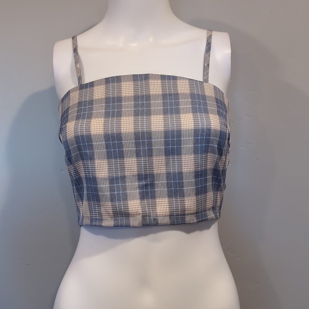 Daisy Street Dolls Kill Plaid Cream and Blue Crop Top